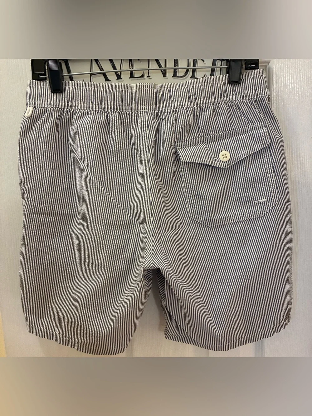 J. Crew Men’s Navy & White Seersucker Drawstring Swim Trunks